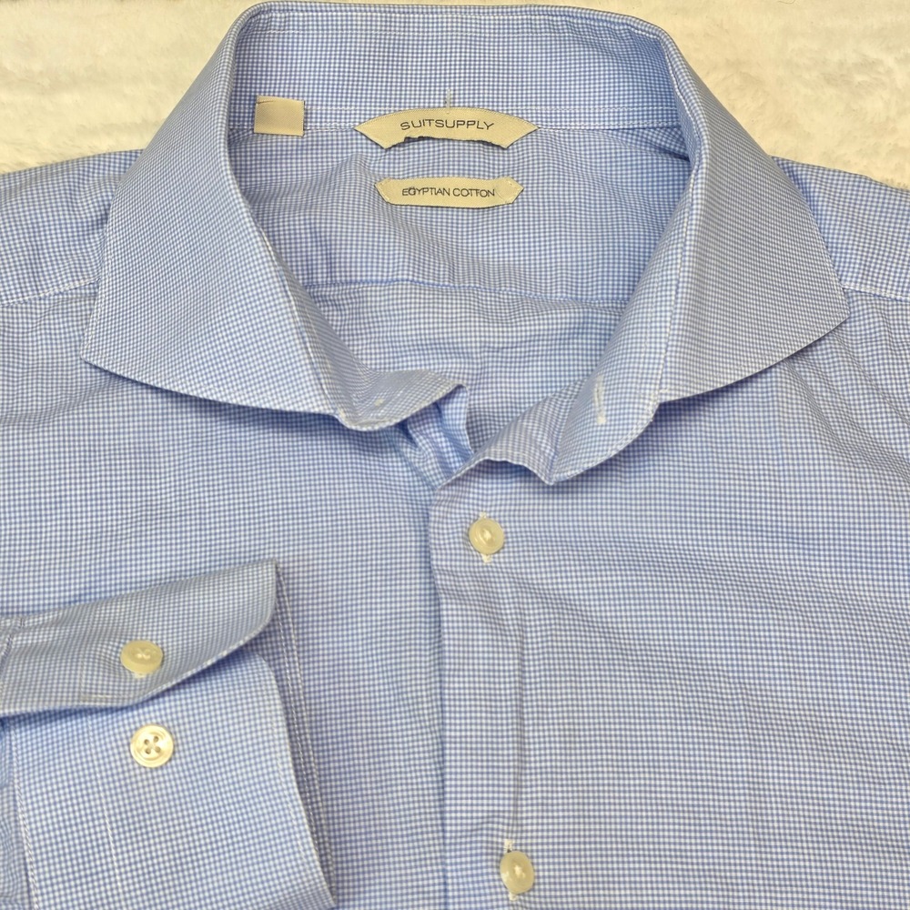 Suitsupply‎ Shirt Mens 17 43 Blue Micro Check Egyptian Cotton Tessitura Monti